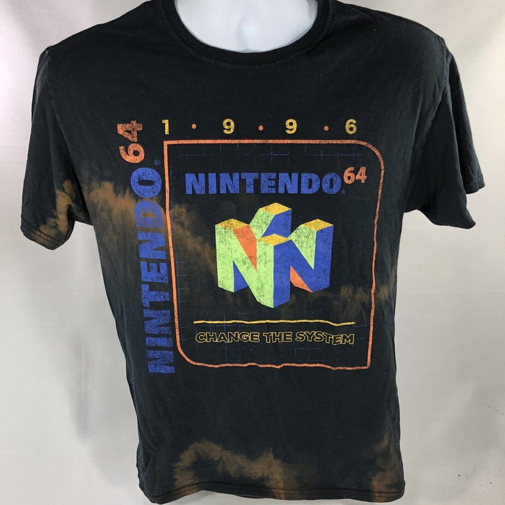 NINTENDO 64 SHIRT MENS SMALL FADED BLACK SHORT SLEEVE RETRO LOGO TEE HAS HOLE